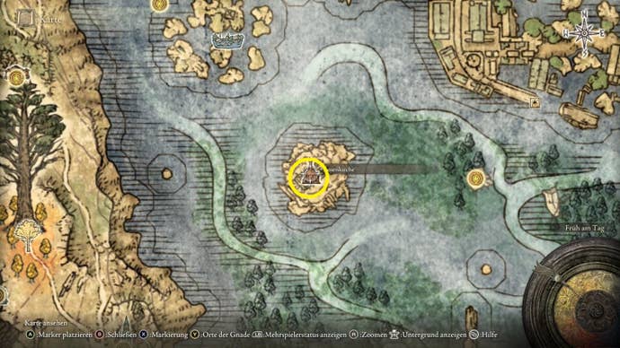 A map screen in Elden Ring showing the location of the Nomadic Warrior’s Cookbook 12