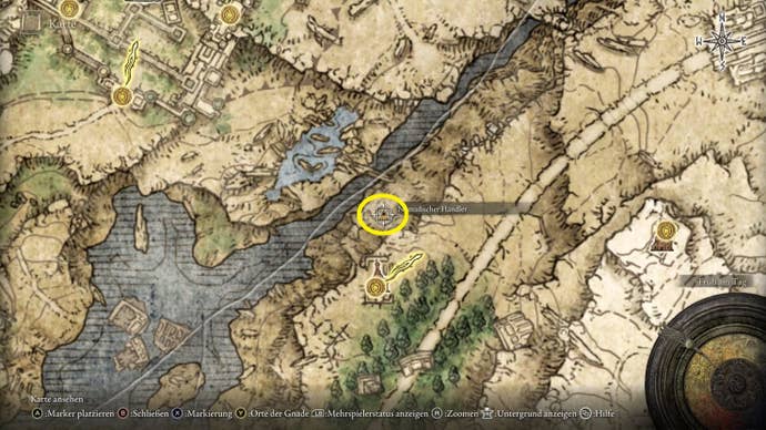A map screen in Elden Ring showing the location of the Nomadic Warrior’s Cookbook 13
