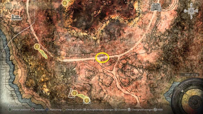 A map screen in Elden Ring showing the location of the Nomadic Warrior’s Cookbook 15