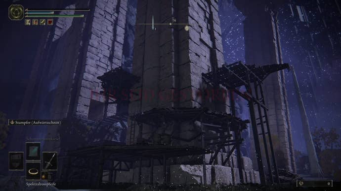 A warrior looks up at a wooden scaffold in Elden Ring