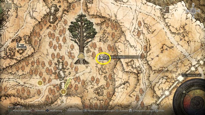 A map screen from Elden Ring showing the location of the Nomadic Warrior’s Cookbook 19