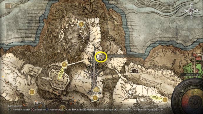 A map screen from Elden Ring showing the location of the Nomadic Warrior’s Cookbook 20