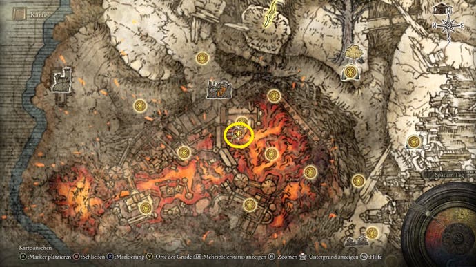 A map screen from Elden Ring showing the location of the Nomadic Warrior's Cookbook 21