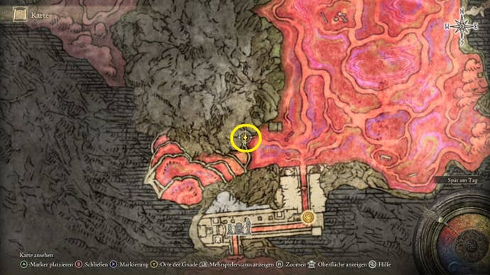 A map screen from Elden Ring showing the location of the Nomadic Warrior’s Cookbook 22