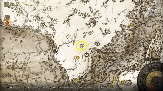 A map screen from Elden Ring showing the location of the Nomadic Warrior's Cookbook 23