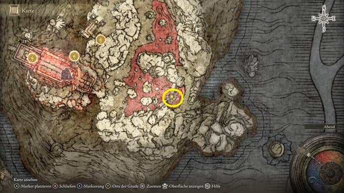 A map screen from Elden Ring showing the location of the Nomadic Warrior’s Cookbook 24