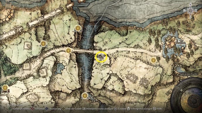 A map screen from Elden Ring showing the location of the Nomadic Warrior Cookbook 3