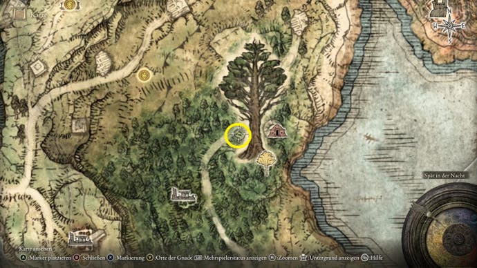 A map screen from Elden Ring showing the location of the Nomadic Warrior Cookbook 4