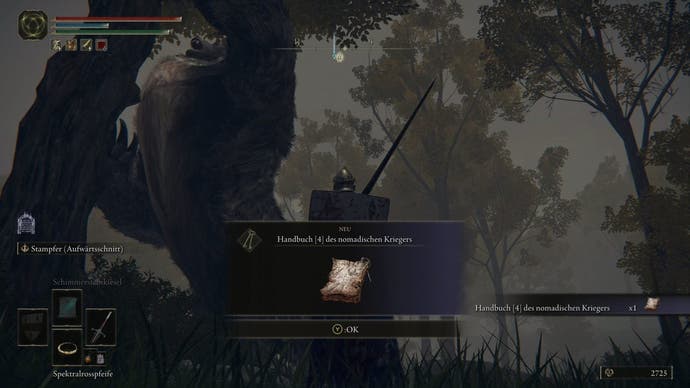 A warrior obtains the Nomadic Warrior Cookbook 4 in a forest in Elden Ring
