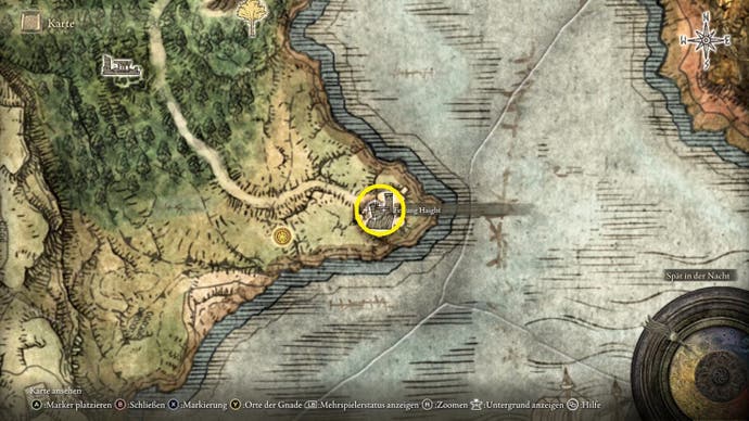 A map screen from Elden Ring showing the location of the Nomadic Warrior Cookbook 6
