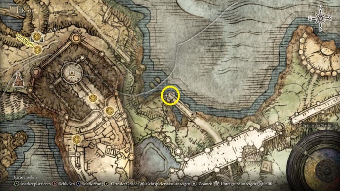 A map screen from Elden Ring showing the location of the Nomadic Warrior Cookbook 7