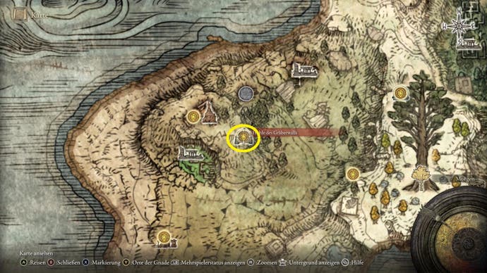 A map screen from Elden Ring showing the location of the Nomadic Warrior Cookbook 8
