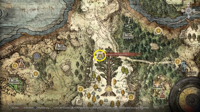 A map screen from Elden Ring showing the location of the Nomadic Warrior Cookbook 9