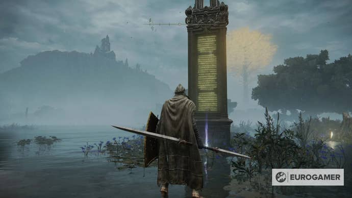 An Elden Ring character standing by the location of the North Liurnia map fragment, which is at the base of an obelisk.