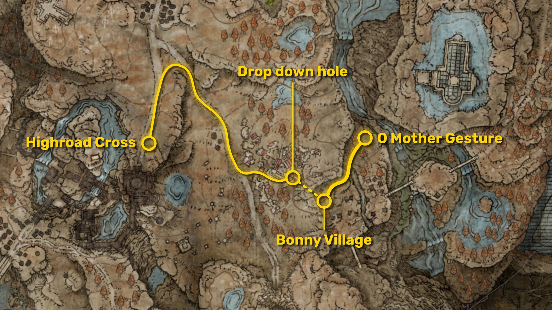 Part of the map of Shadow Of The Erdtree in Elden Ring, with the path from the Highroad Cross to the O Mother Gesture location marked in yellow. - 5
