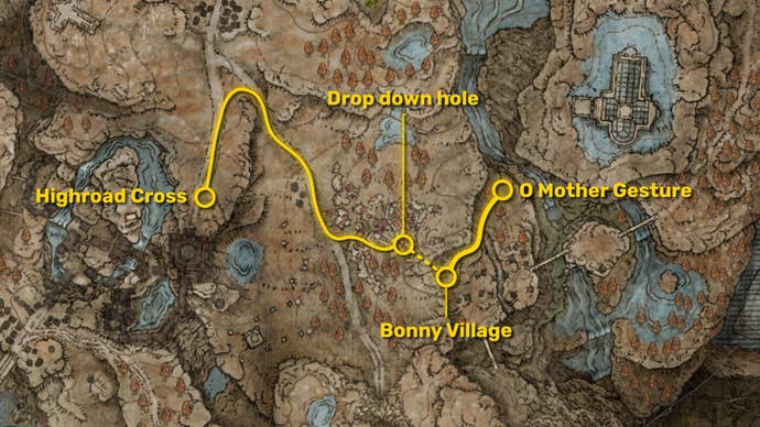 Part of the map of Shadow Of The Erdtree in Elden Ring, with the path from the Highroad Cross to the O Mother Gesture location marked in yellow.