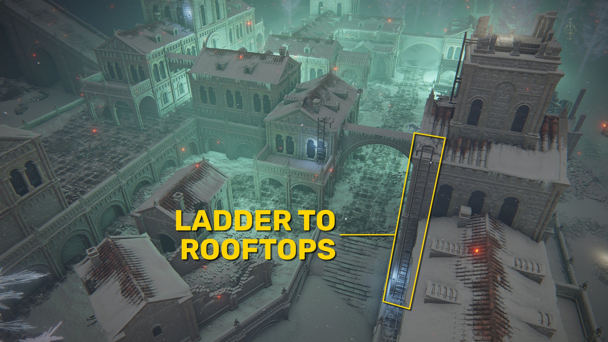 A bird's eye view of Ordina in Elden Ring, with the location of a hidden ladder highlighted in yellow. - 7