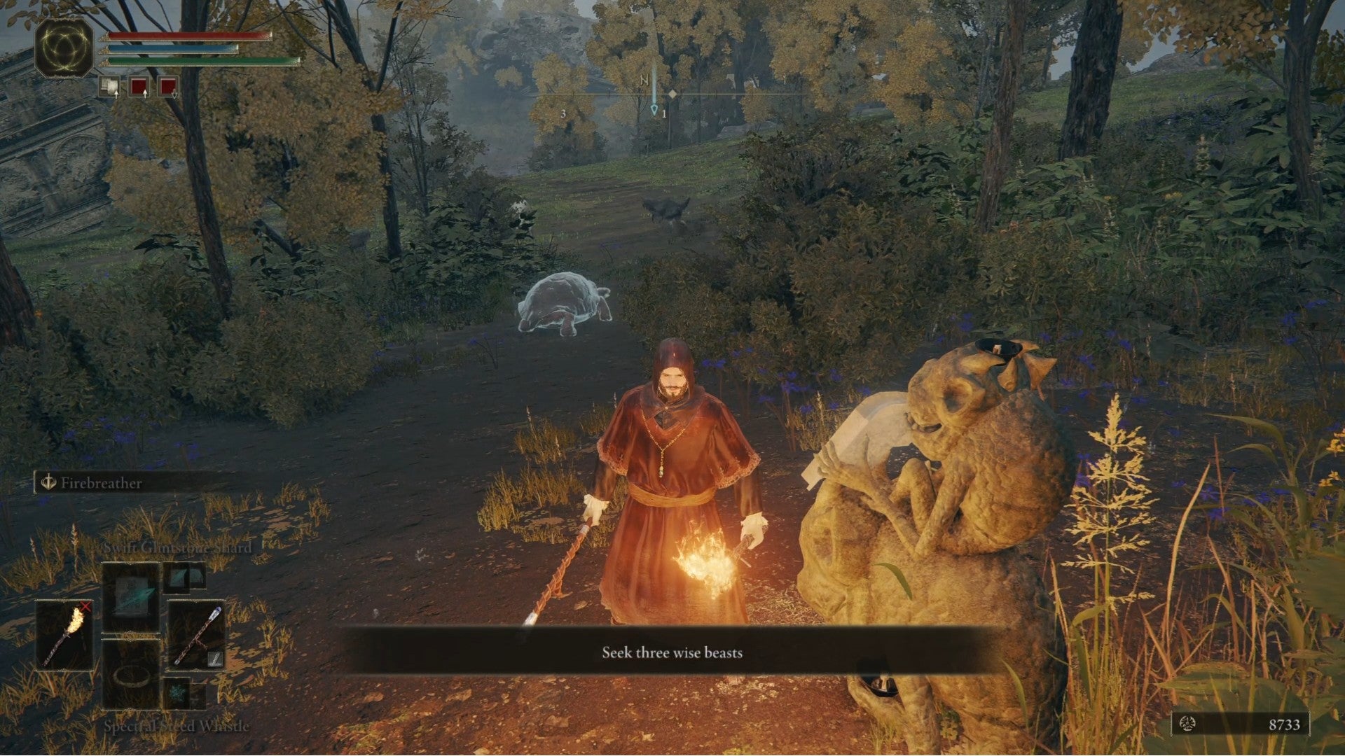 Elden Ring player standing by an imp statue with the message Seek Three Wise Beasts on screen, ghost turtle just behind