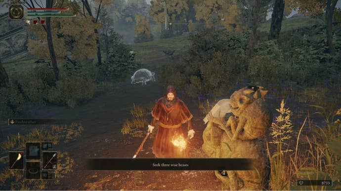 Elden Ring player standing by an imp statue with the message Seek Three Wise Beasts on screen, ghost turtle just behind
