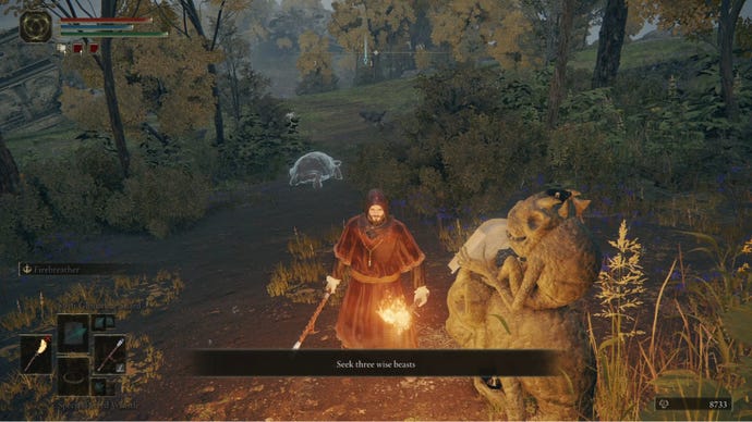 Elden Ring player standing by an imp statue with the message Seek Three Wise Beasts on screen, ghost turtle just behind