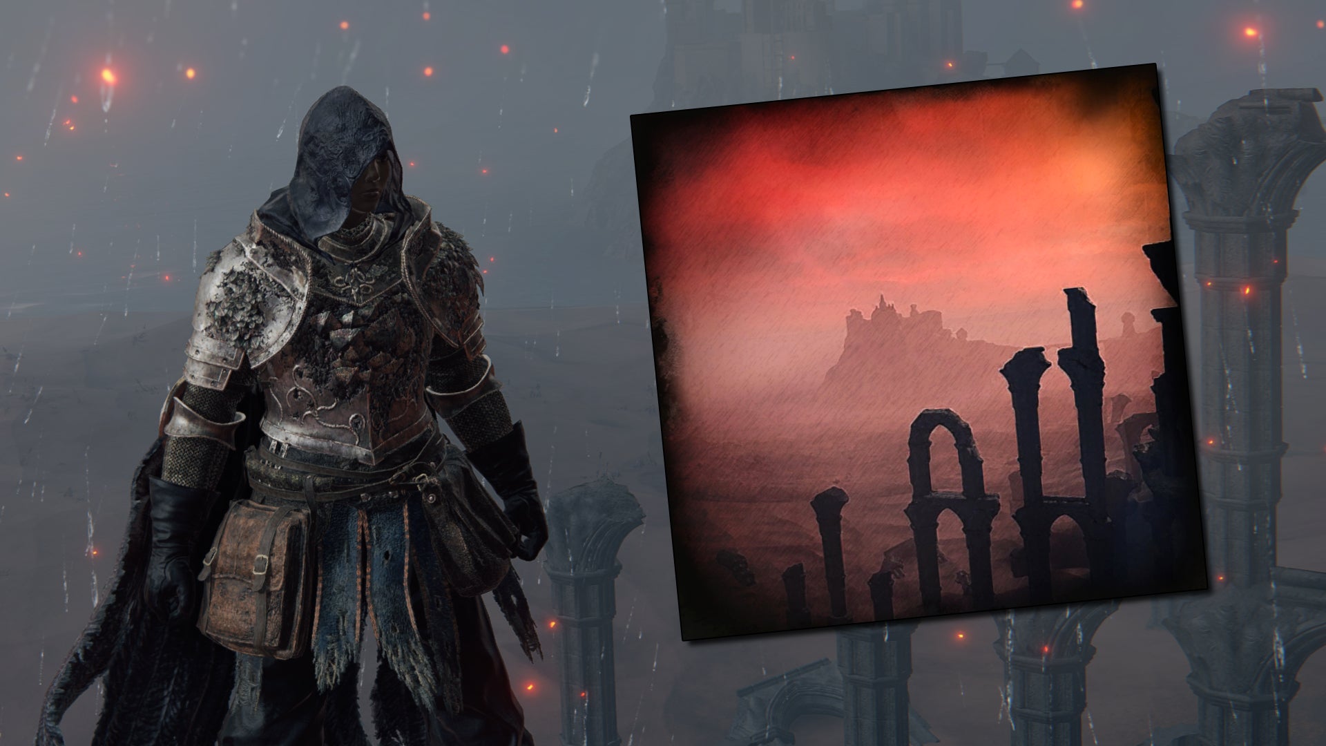 The player in Elden Ring stands to the side, partially facing the camera. In the background is the Caelid Wilds, with pillars nearby and Redmane Castle far away. Superimposed over the right-hand side of the screenshot is a vibrant red painting of the same vista. - 1