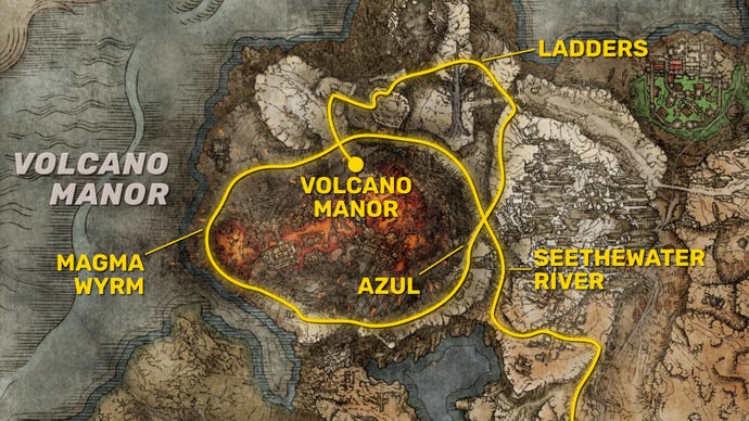 Part of the Elden Ring map of Mount Gelmir, with a path around the mountain and into Volcano Manor highlighted in yellow.