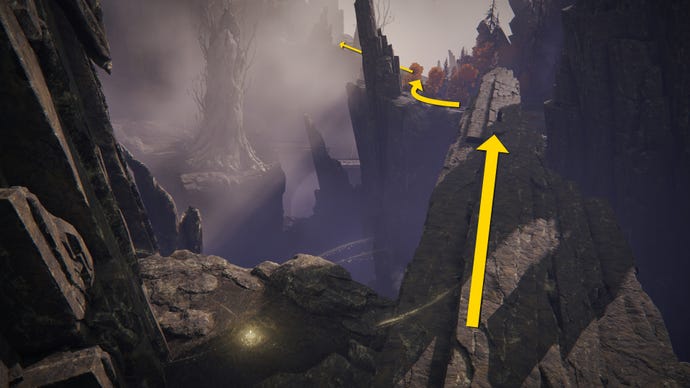 From the Prime Sorcerer Azul Site Of Grace in Elden Ring, the path towards Volcano Manor is shown with yellow arrows.