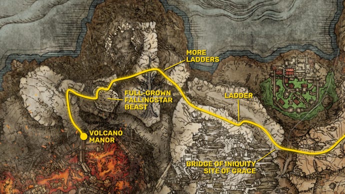 Part of the Elden Ring map of Mount Gelmir, with one of the paths to Volcano Manor highlighted in yellow.