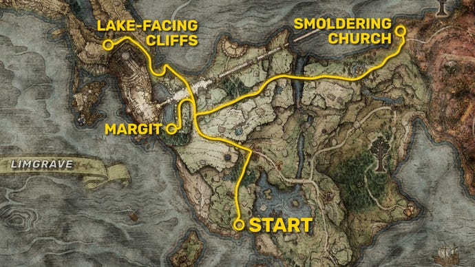 Part of the Elden Ring map, with the paths from the start point to the locations of Margit, the Lake-Facing Cliffs, and the Smoldering Church highlighted in yellow.