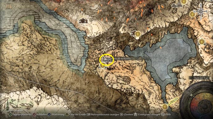A map screen from Elden Ring showing the location of the Perfumer's Cookbook 1