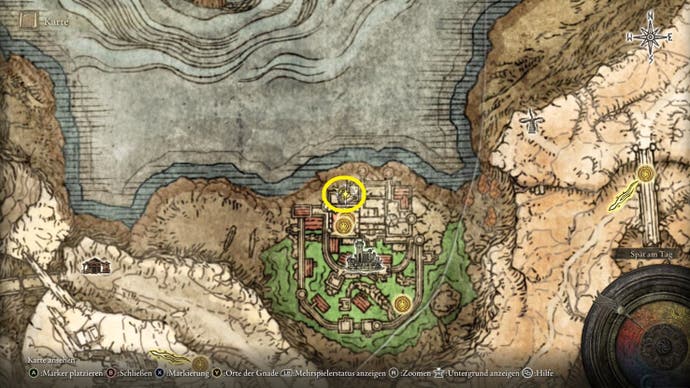 A map screen from Elden Ring showing the location of the Perfumer's Cookbook 2