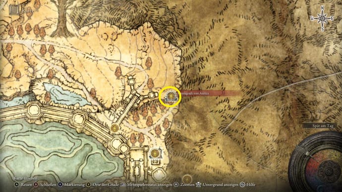 A map screen from Elden Ring showing the location of the Perfumer's Cookbook 3