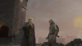 elden ring player in armor on the right and kenneth haight is standing on the left