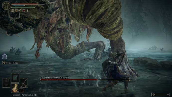 elden ring player attacking dragonkin soldier boss feet