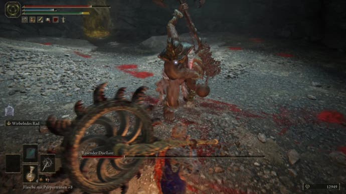 elden ring player attacking gaol cave frenzied duelist boss