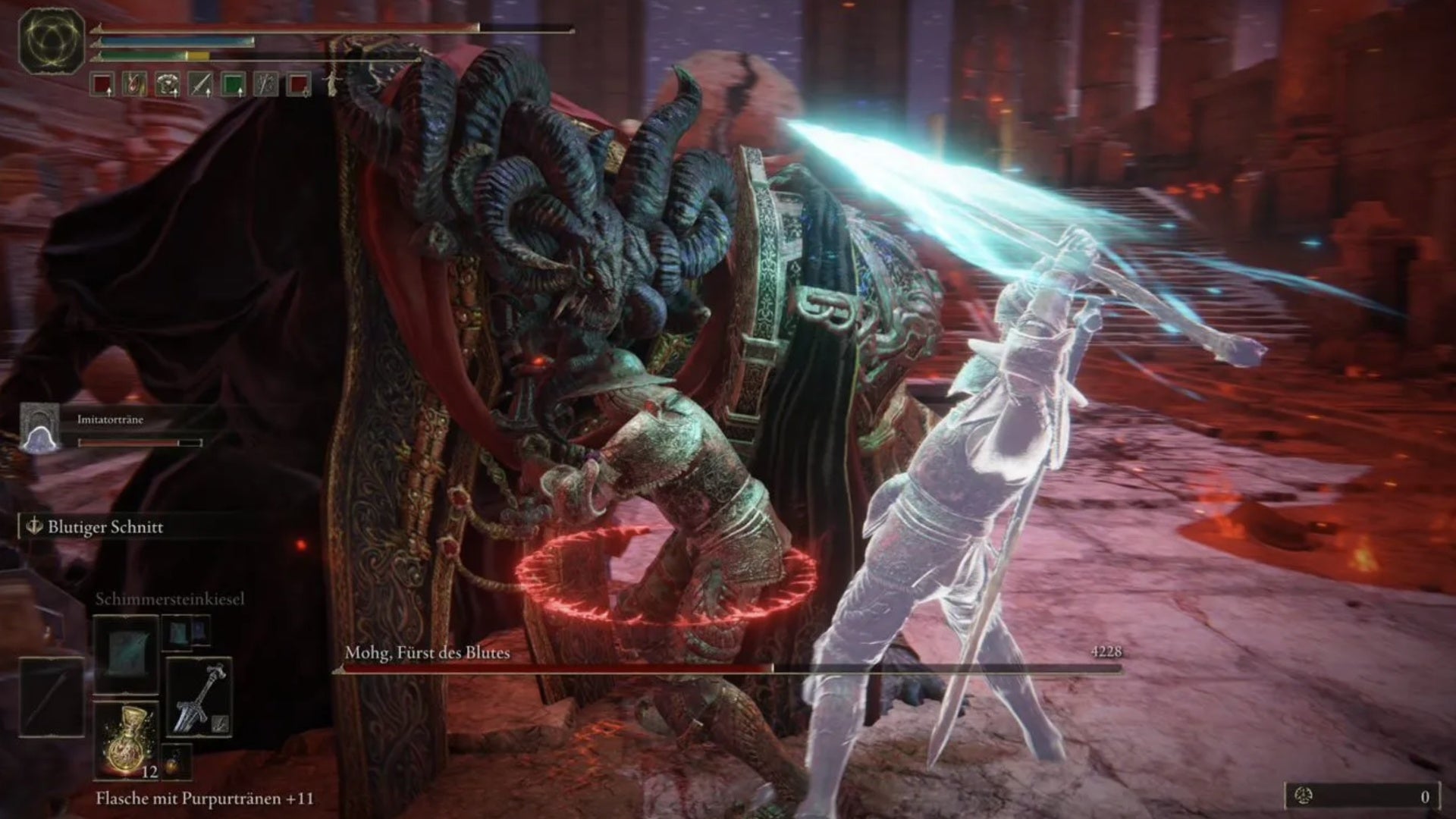 elden ring player attacking mogh lord of blood&rsquo;s head with glowing sword