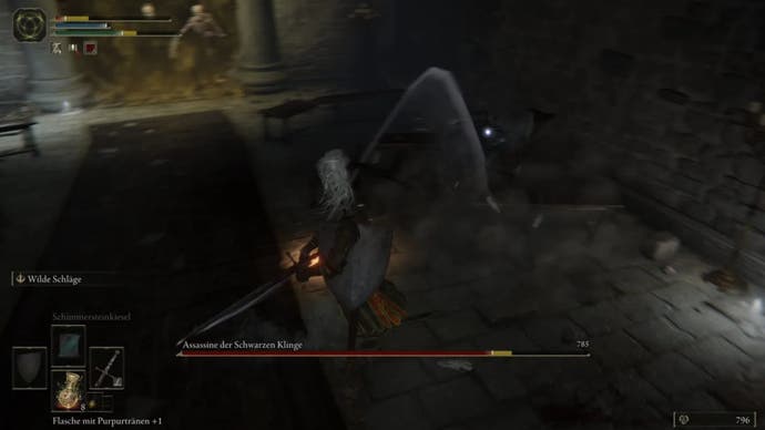 elden ring player battling black knife assassin in catacombs