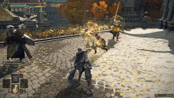 elden ring player battling enemies with a two handed weapon