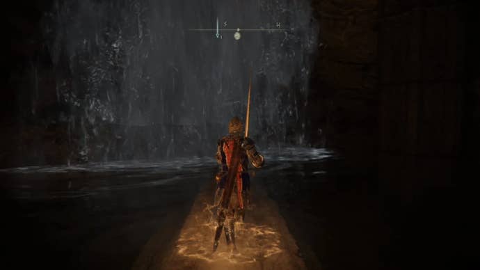 elden ring player by waterfall wall inside highroad cave