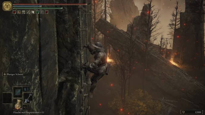 elden ring player climbing ladder up to gelmir hero’s grave location