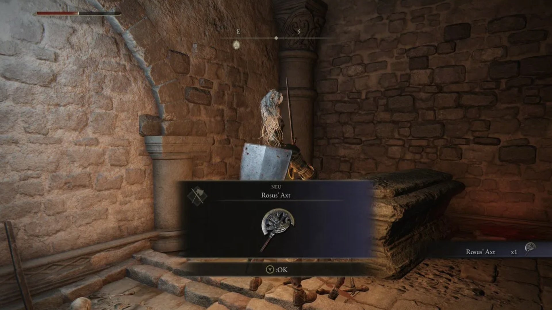 elden ring player collecting axe in black knife catacombs