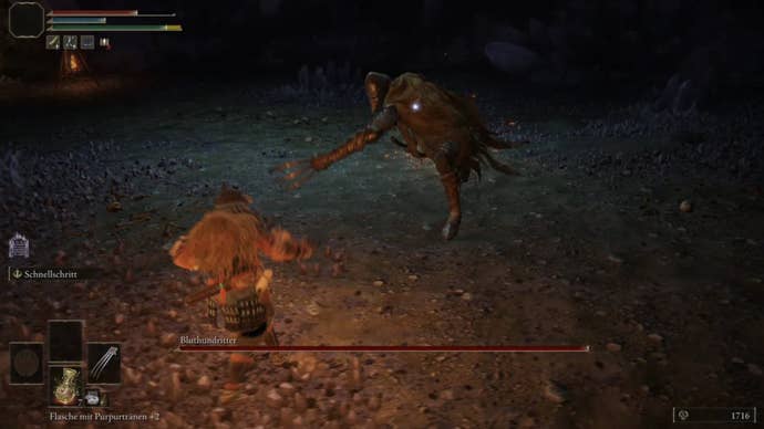 elden ring player dodging bloodhound knight in lakeside crystal cave