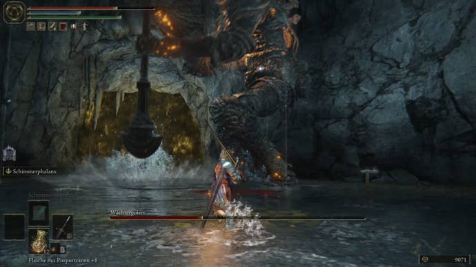 elden ring player dodging guardian golem attack in highroad cave