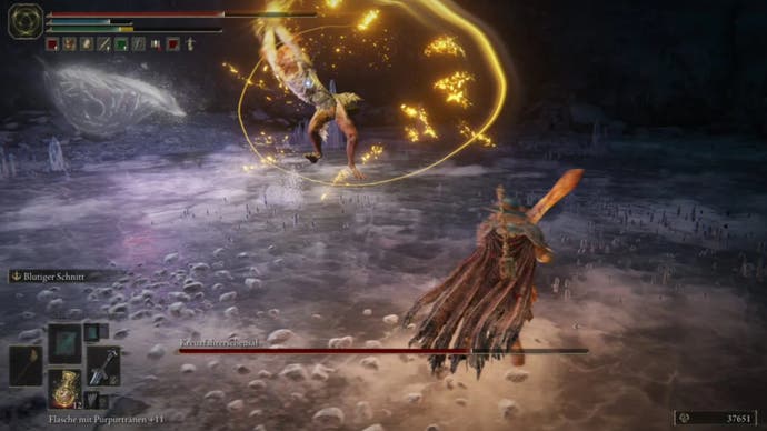 elden ring player dodging the cave of the forlorn Misbegotten Crusader attack
