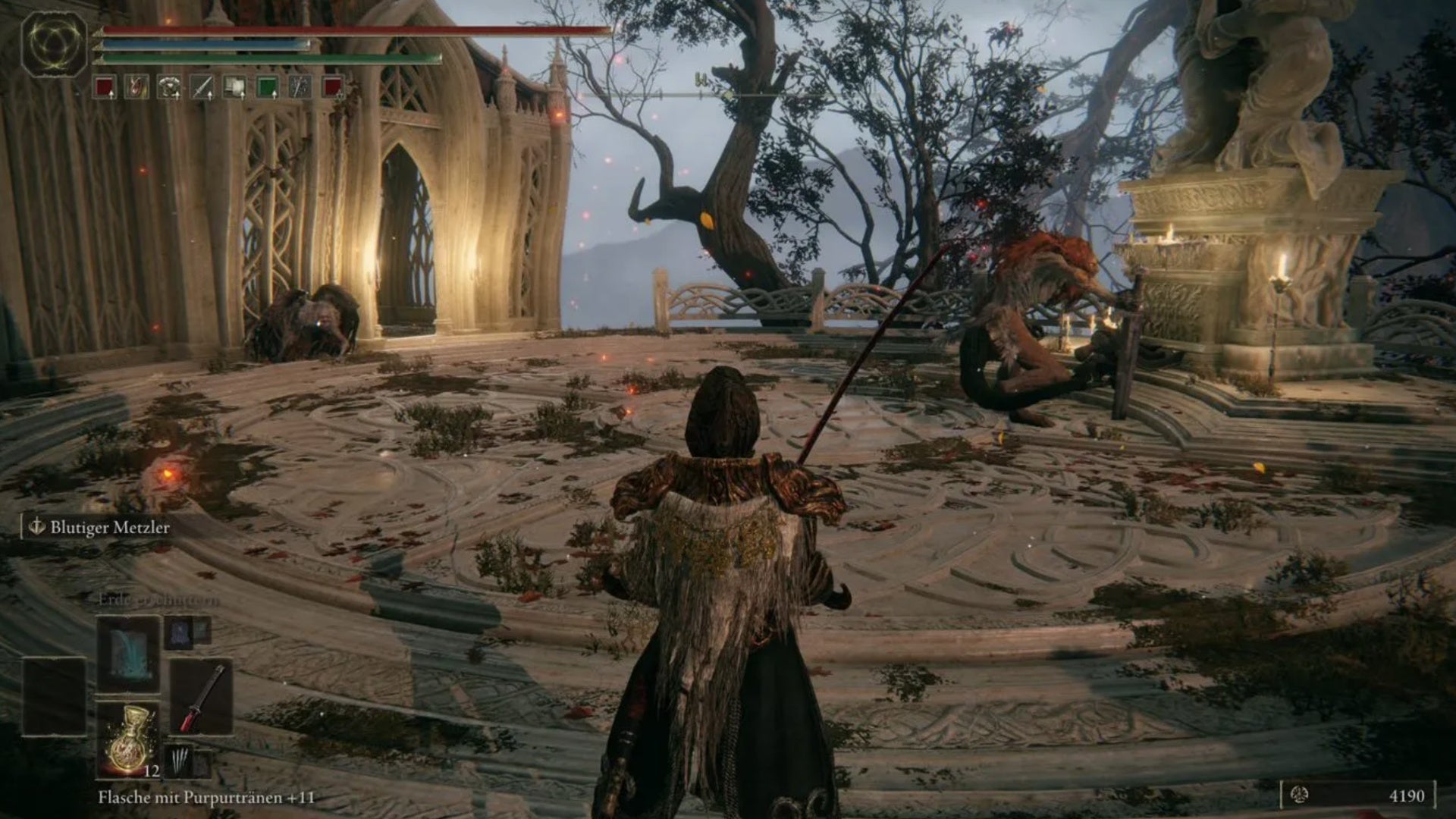 elden ring player facing a lesser leonine misebetton on the right in miquella&rsquo;s haligtree