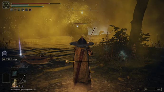 elden ring player facing ainsel river main enemy in dust cloud