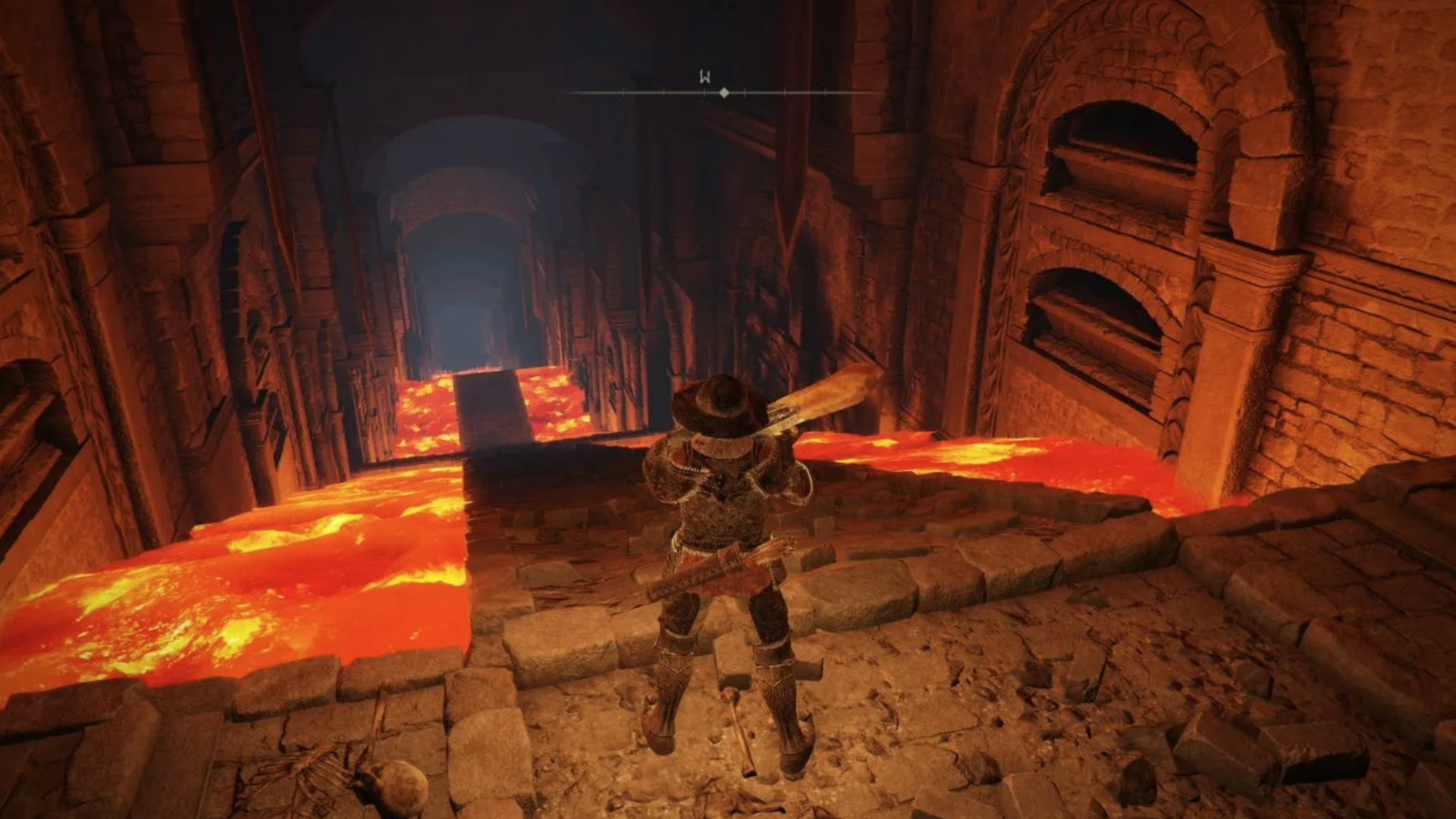elden ring player facing down a slope over a river of lava at gelmir hero&rsquo;s grave