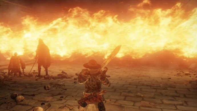 elden ring player facing flamethrower wall in gelmir hero’s grave