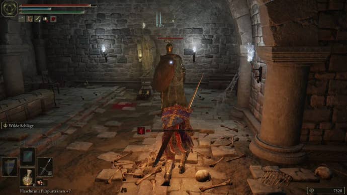 elden ring player facing leyndell knight in wyndham catacombs