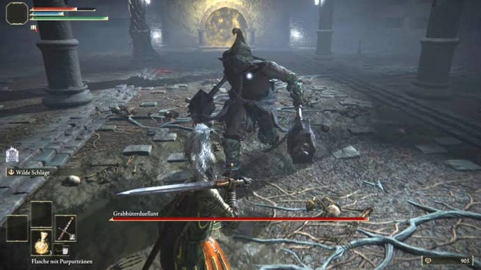 elden ring player facing murkwater catacombs grave warden duelist